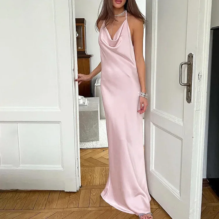 2024 Fashion Cute Stunning Pink Satin Dress Halter Backless Side Zipper Sexy Long Winter Dress Women Night Going Out Party Dress