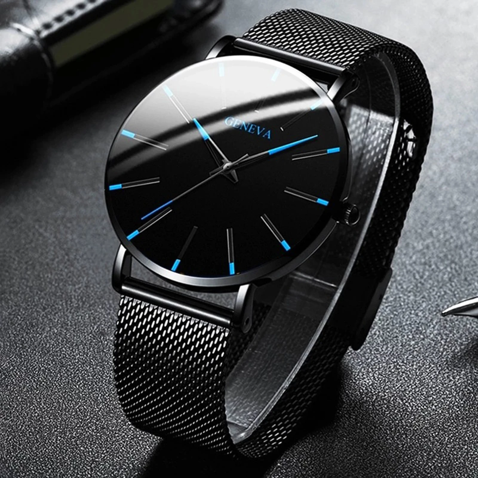Minimalist Geneva Watch for Men Large Round Dial Mesh Strap Water Resistant Business Casual Quartz Wristwatch
