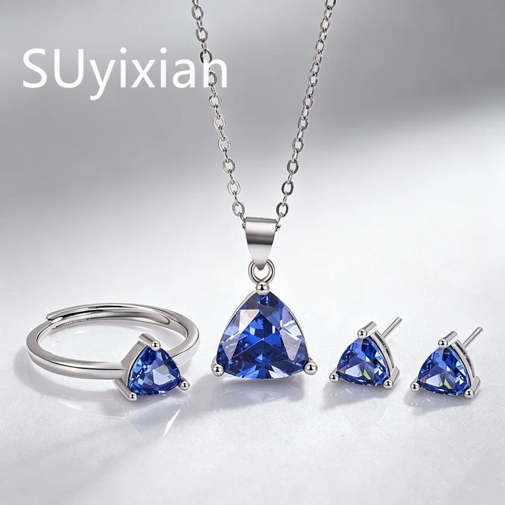 925 Sterling Silber Stilvolles Kompaktes Blaues Dreieckiges Zirkon-Schmuckset mit Halskette, Ohrringen und Ring, Geburtstags- und Jubiläumsgeschenkset