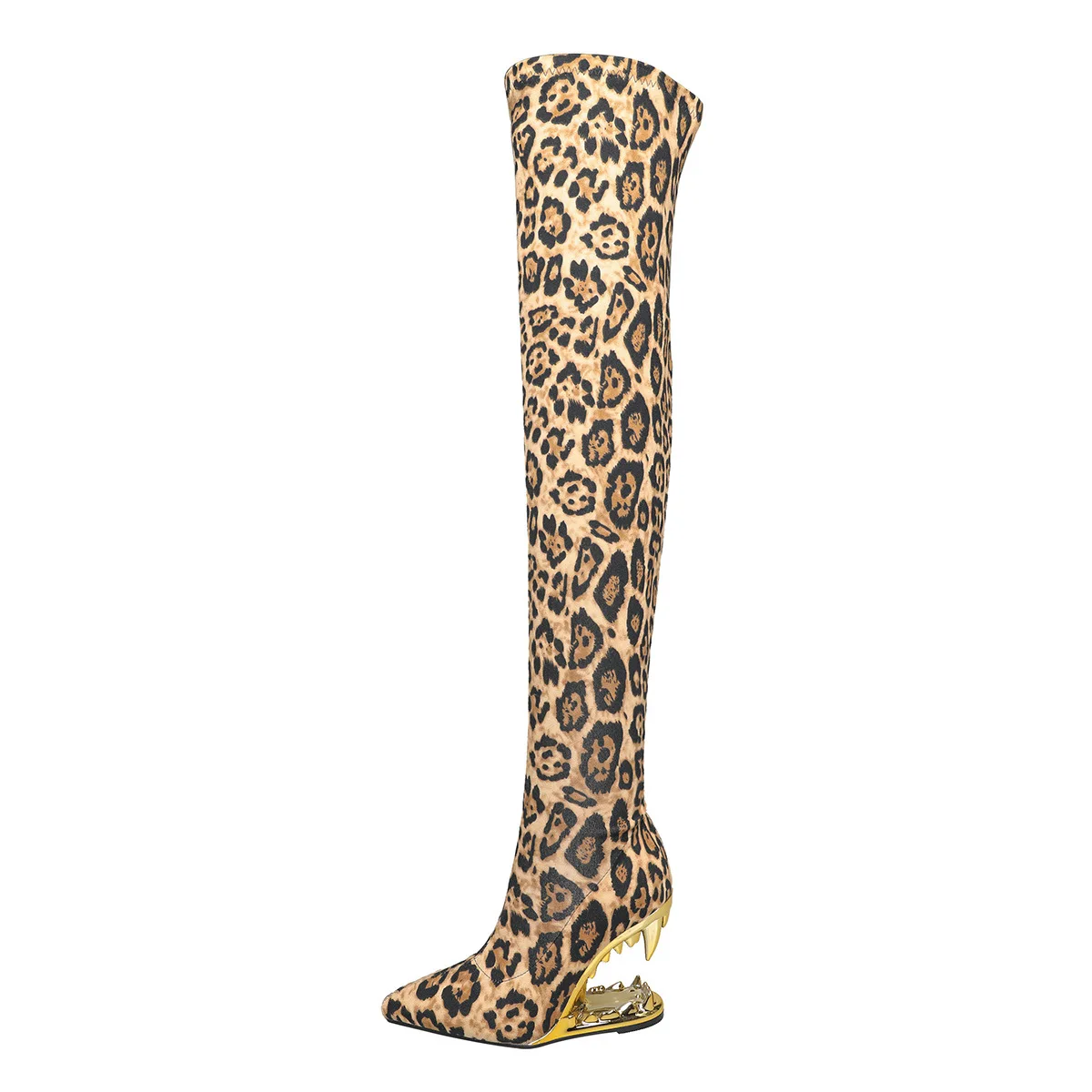 Foreign Trade New Pointed Leopard Print Knee Length Boots Tiger Teeth Shaped High Heel Side Zipper Fashion Women's Shoes