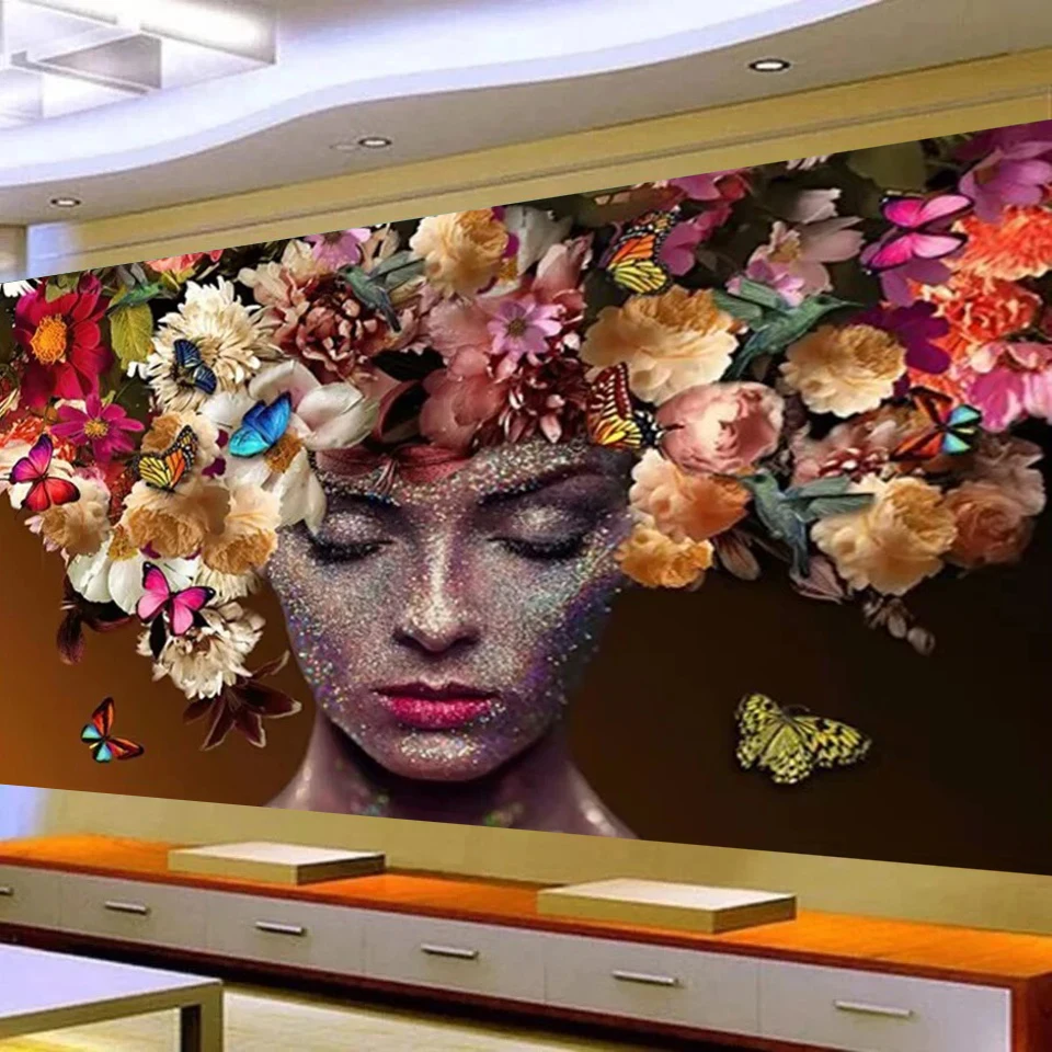 5D DIY Diamond Painting Abstract Flower Head Women's Hair Butterfly Painting Mural Mosaic Art Pictures Home Decoration