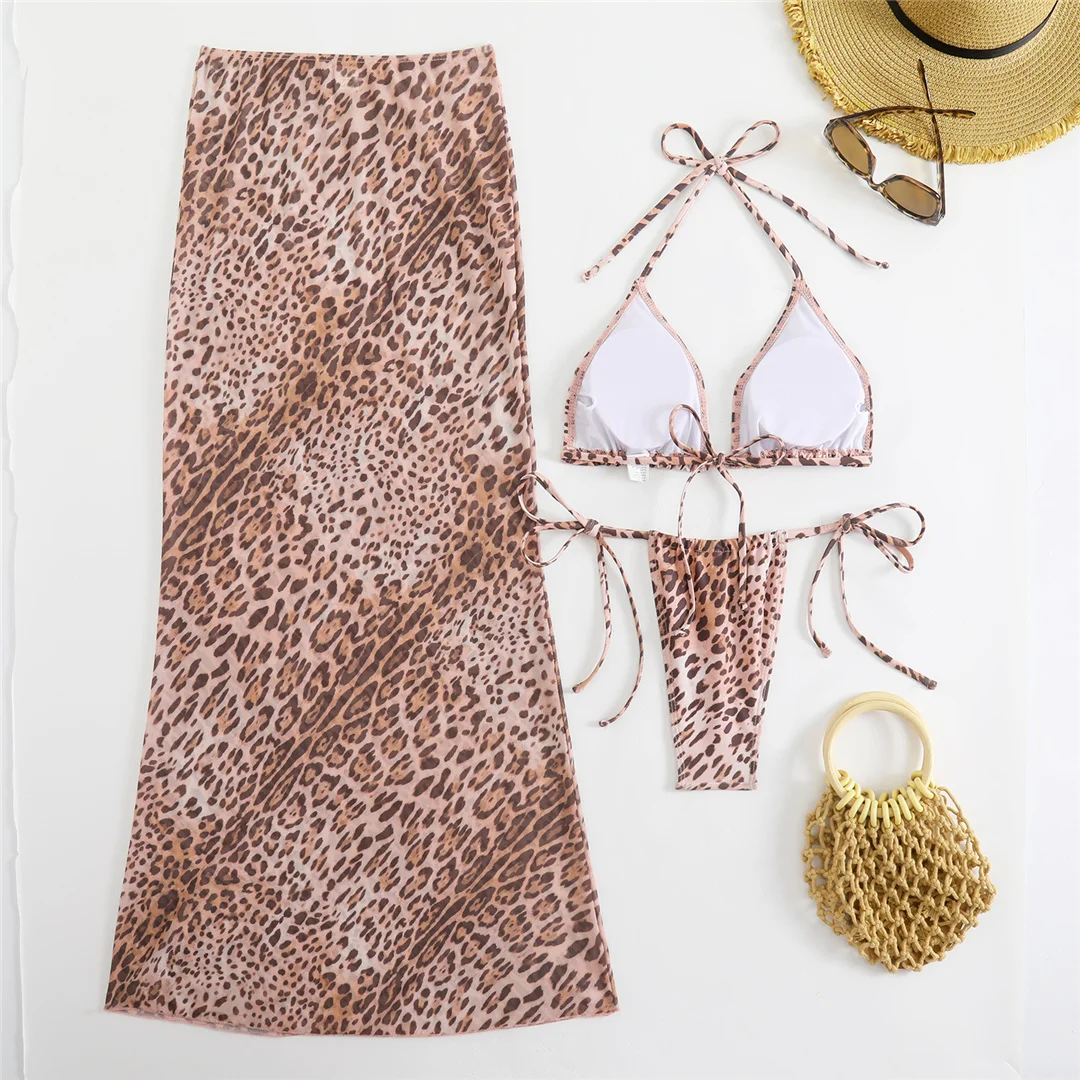 Leopard-Muster mit Rock, Neckholder-Bikini, Damen-Badebekleidung, dreiteiliges Bikini-Set, Badeanzug mit Trägern, Badeanzug, Schwimmbekleidung V7014 – Detail 8