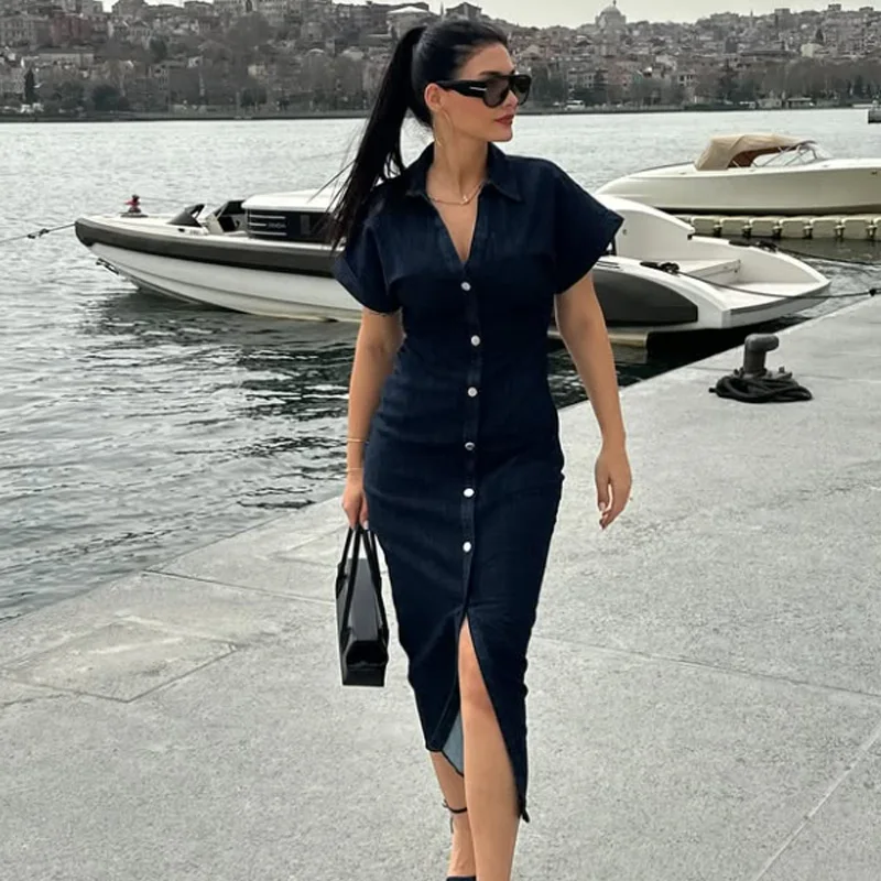 レディースデニムワンピース 夏 2025 ボタン ボディコン ブルー ドレス ラッフル バットウィングスリーブ ロングドレス シック カジュアル ビーチ ワンピース 066