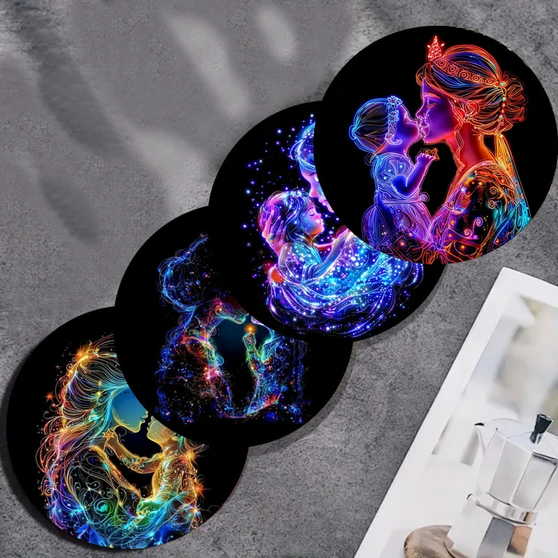 

4 mother-child printed coasters, suitable for daily family party decoration, office, non-slip wooden coasters, holiday gifts