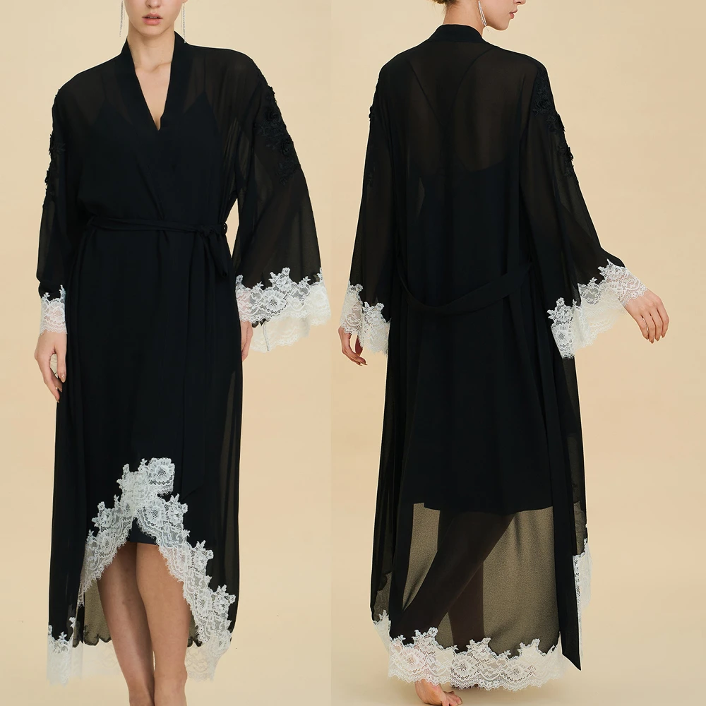 Sexy Perspective Long Robe Lingerie High Quality Satin Chiffon Women Sleepwear Nightgown New Nightwear Bathrobe Dressing Gown