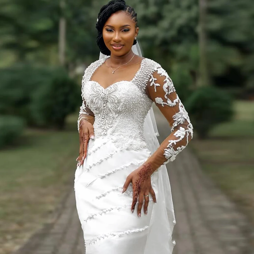 Exclusive Pearls Beaded Mermaid Wedding Dresses For Bride Customized Illusion O Neck Long Sleeves Bridal Gown Formal Wear Tuxedo
