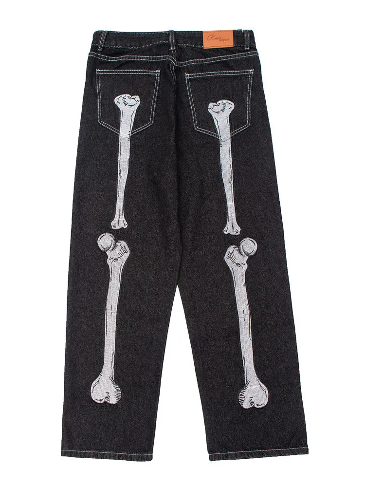 

k Skeleton Embroidered Jeans Men's High Street Faion mid Waist hine Embroidery Straight Leg Loose Fit Casual Jeans