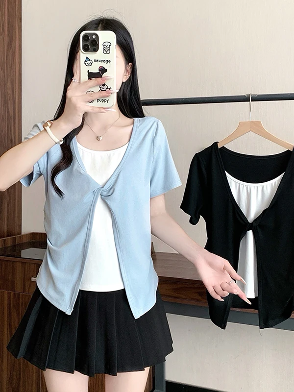 

Новая летняя модная универсальная женская футболка больших размеров с коротким рукавом, с узлом, скрывающим недостатки фигуры, в стиле колор-блок