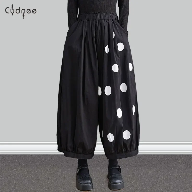 Womens Wide Leg Bloomers Palazzo Pants Ladies Polka Dot Cotton Trousers Cotton Elasitic Waist Balloon Slacks