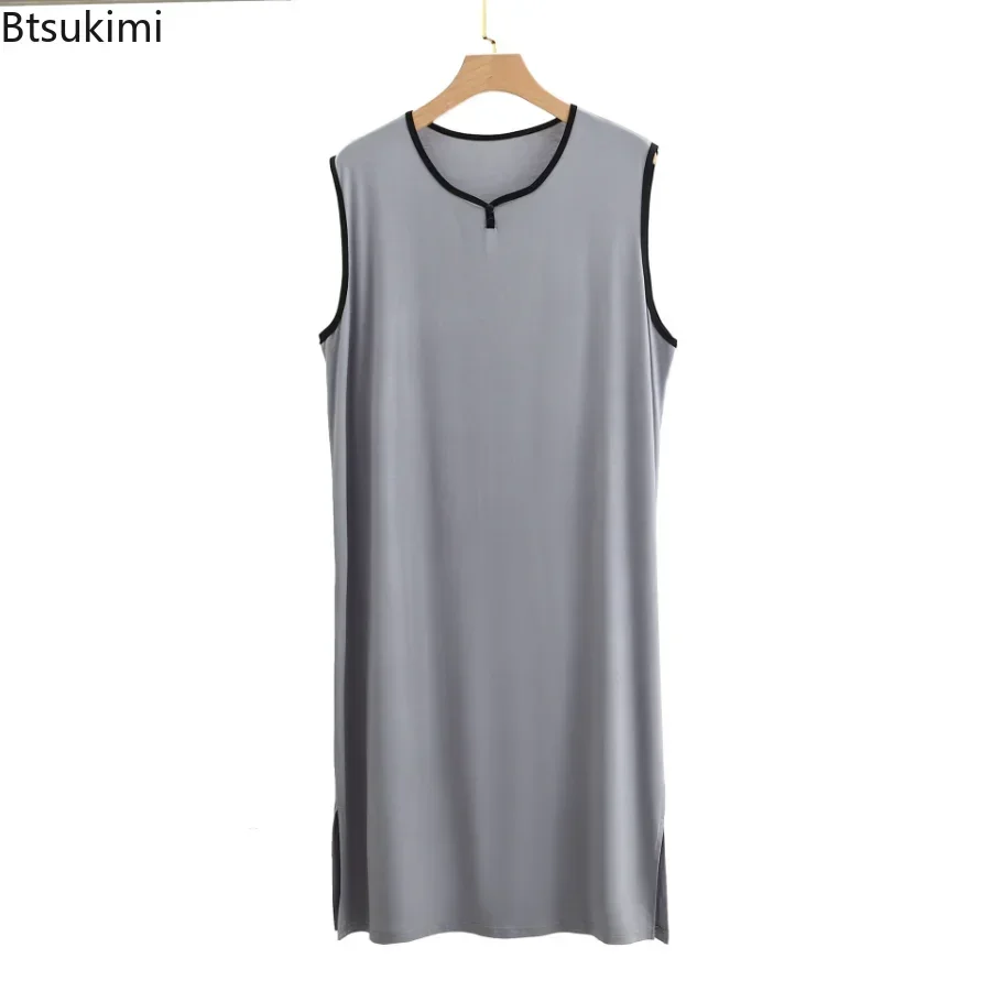 2025 Men's Summer Modal Pajamas Long Short Sleeved Mid-length Loose One-piece Large Size Bathrobe Home Men's Sleep Nightshirt