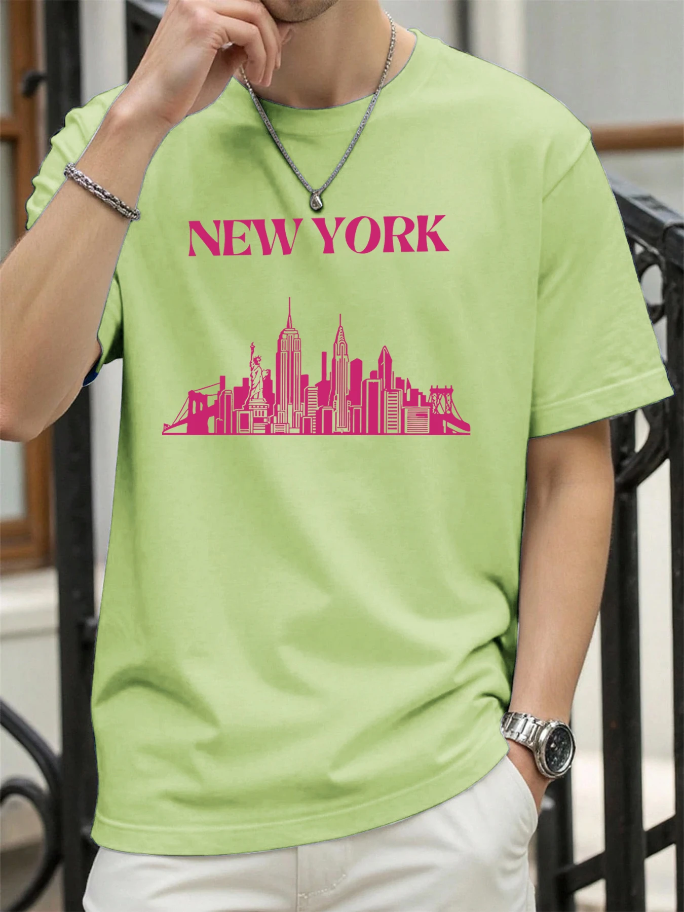 

New York City Silhouette Pattern Summer T-Shirt Man Sport High Street Short Sleeve Casual Loose Sportswear Cotton O-Neck T Shirt