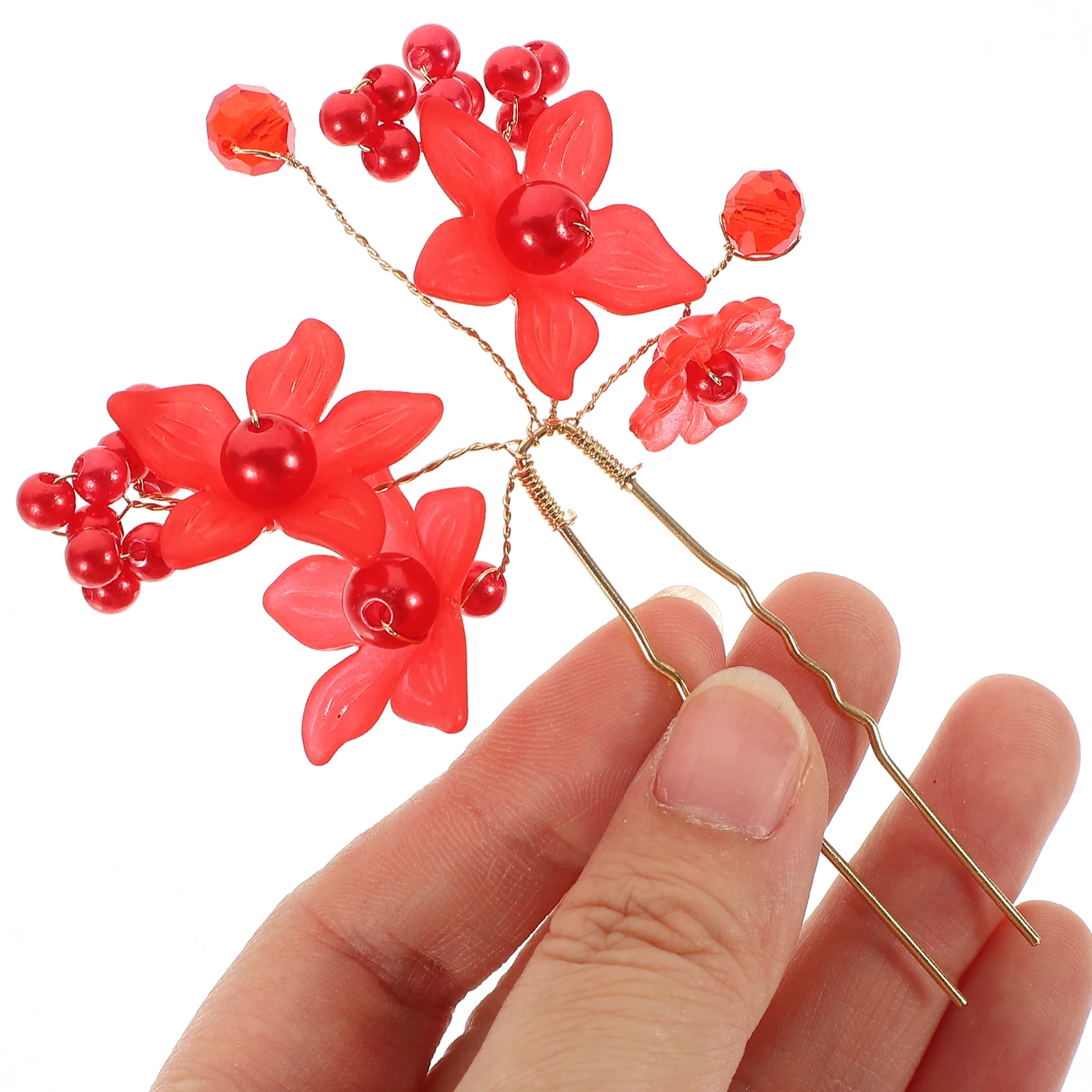 

4 Pcs Red Pearl Beads Matte Flower Hair Forks Sturdy Stable Bun Hair Accessories Wedding Decorative Pins For Women