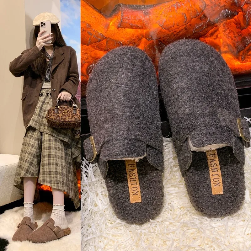 2025 المرأة الشتاء البغل النعال موضة ورأى الجلد المدبوغ الصوف نعال من القطن مع مشبك قابل للتعديل سيدة منزل نعال مسطحة