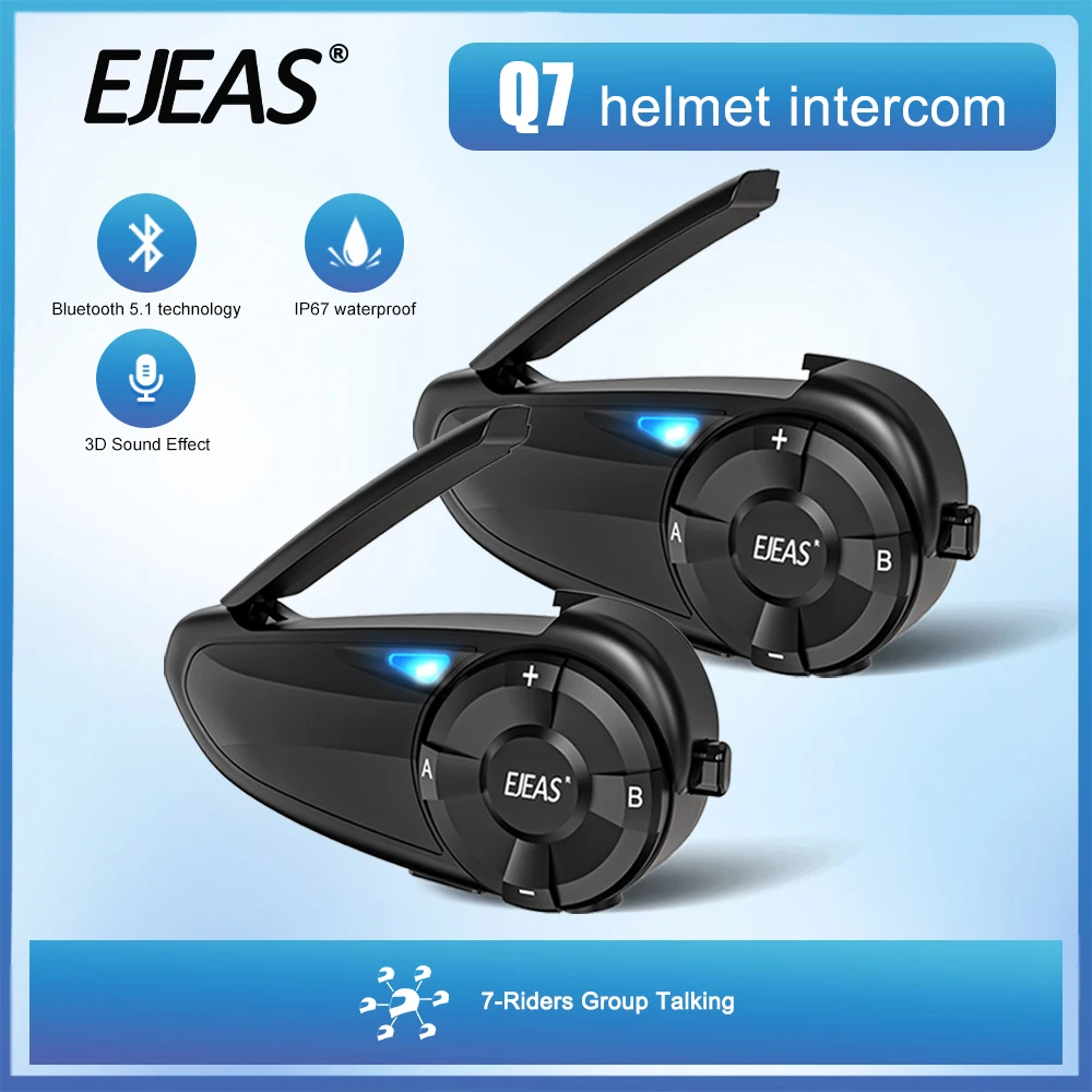 1/2Pcs EJEAS Q7 Type-C Motorcycle Interphone Helmet Intercom Headset BT5.1 Up to 7 Riders Talking Quickly Pair IP67 Waterproof