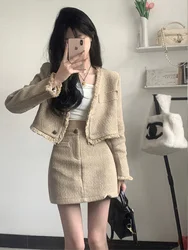 Women's Fashion Set Short V-neck Tassel Trim Skirt And Jacket Three-piece Slimming High Waist Design Autumn Winter Ensemble
