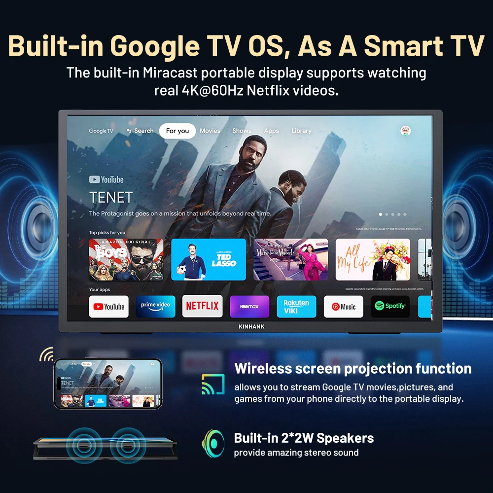 18,4 Zoll Netflix 4K Smart Portable Monitor mit NTSC 85 % HDR10 Google TV 7000+AppsReise-Gaming-Monitor für Laptop/PS4/PS5/XBOX