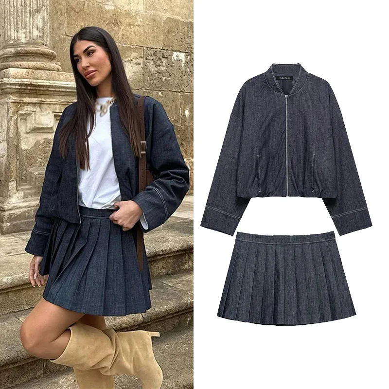 

NERHEFZ женская плиссированная юбка, комплект из 2 предметов, осенняя женская джинсовая куртка-бомбер, высокая уличная боковая молния, сексуальная короткая юбка, женская одежда