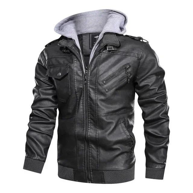 Men's Zipper Pu Jacket Biker's Leather Jacket Autumn  Hat Casual Leather Clothing Hooded Autumn Locomotive Coat