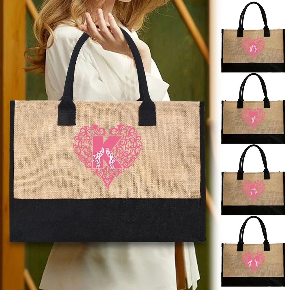 

Vintage Shopping Bag Tote Bags Reusable Eco Jute Shoulder Shopping Bag Portable Travel Grocery Organizer Pink Love Series