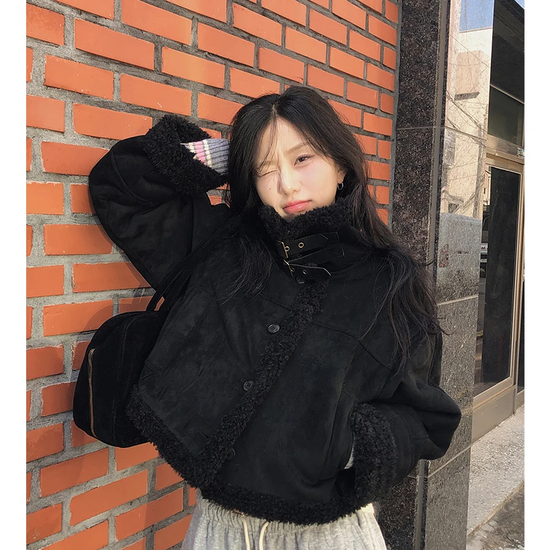 

Chic Thiened Leather And Fur Inteated Cotton Jaet Women's Ele Slimming Winter Outerwear Trendy Street Sle