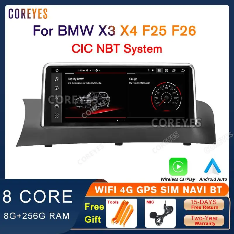 

COREYES 10,25-дюймовый Android Auto 8G + 256G для BMW X3 X4 F25 F26 CIC NBT Автомобильный радиоприемник Android12 Carplay Радио Стерео Мультимедийный плеер