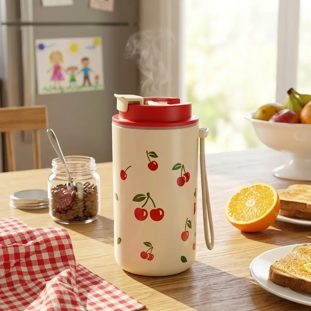 Kawaii Cherry Plastic Water Bottle Leakproof Travel Tumbler with Handle BPA Free Wide Mouth Hot Cold Drinking Cup Kids Students