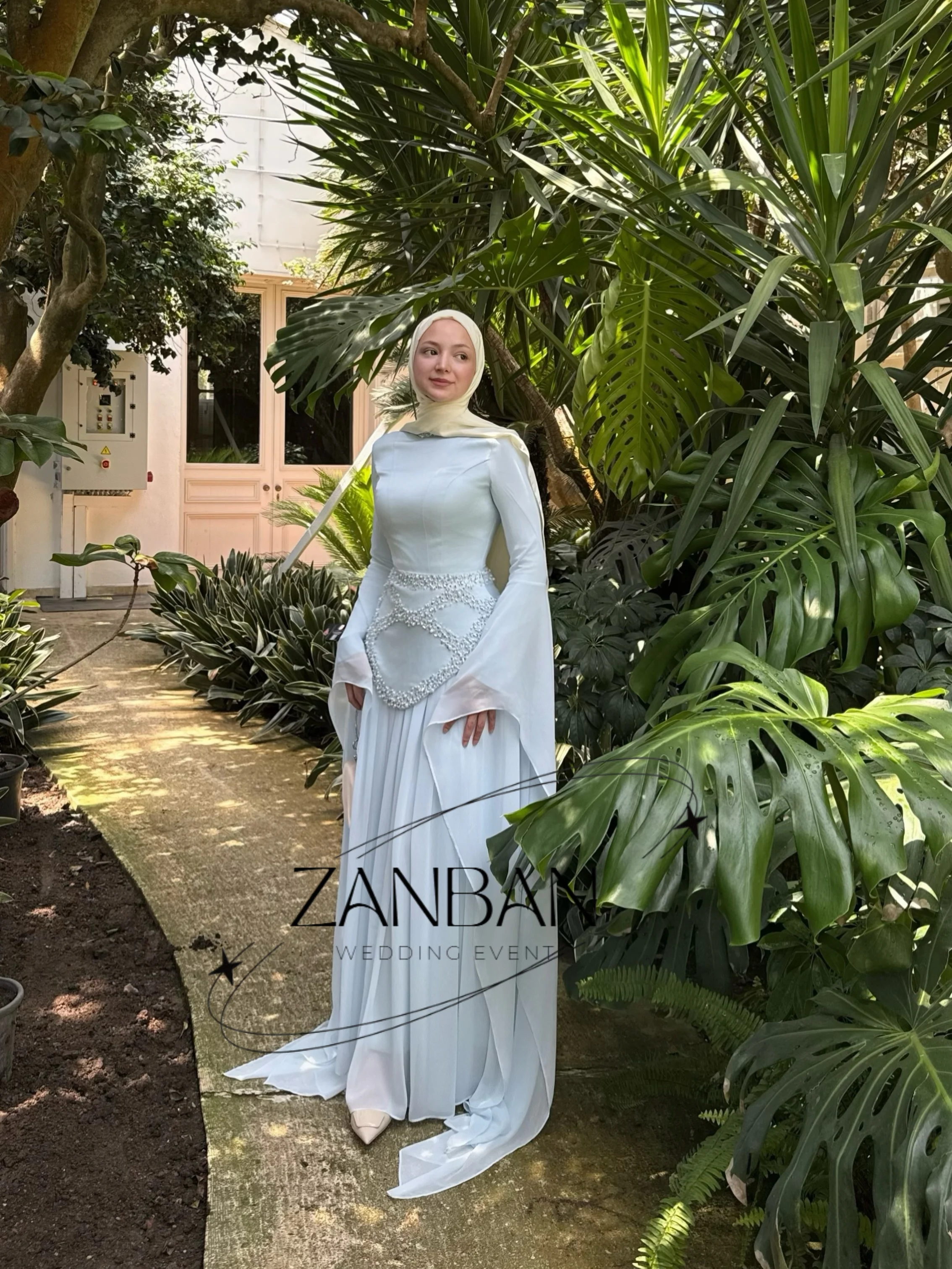 ZanBan Elegant Muslim Hijab Evening Gown Woman Sky Blue A-Line Chiffon with Beading Dubai Arabic Wedding Party Dress Customized
