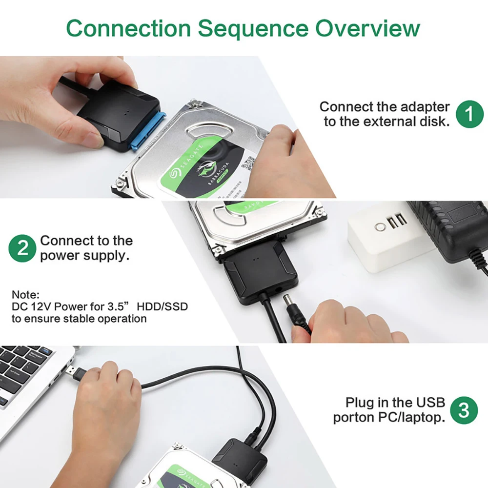 Cable USB 3,0 a SATA, adaptador de disco duro externo, adaptador de alta velocidad de 6Gbps con puerto de fuente de alimentación compatible con HDD/SSD 2,5 3,5