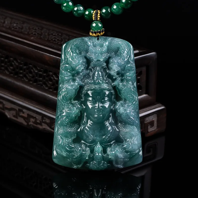 Certificate Natural Real Blue Water Jade Kowloon Guanyin Pendant Necklace Carved Charm Jadeite Jewelry Fashion Amulet Man Gifts