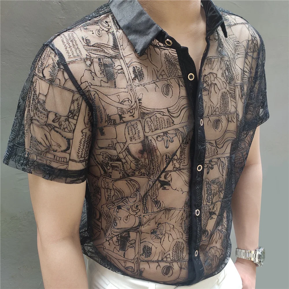 Black Lace Sexy Shirt Embroidery See Through Shirt Men High Quality Social Club Luxe Transparent Shirt Summer Short Sleeve Shirt