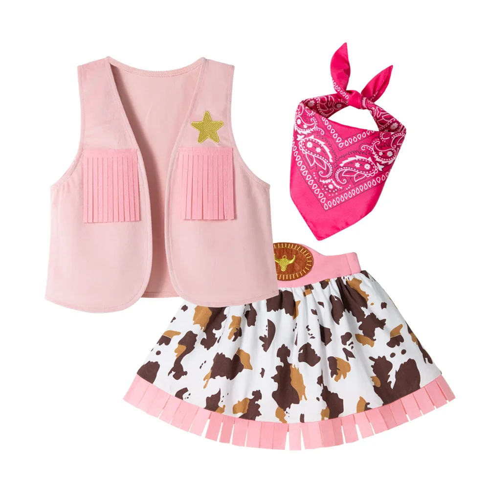 

4 Piece Girls Pink Western Costume Set Vest Skirt Outfit for Holiday Role Play