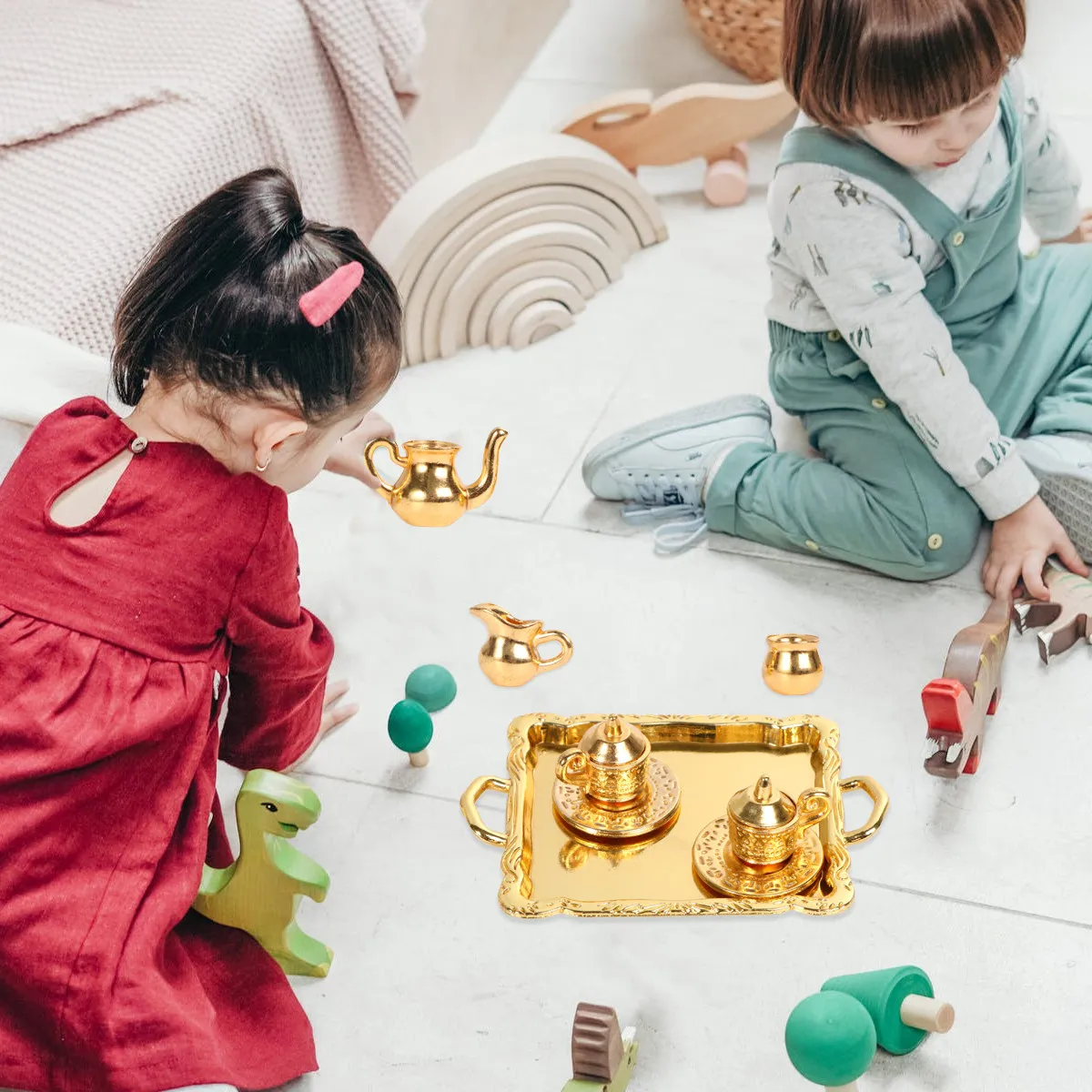 

1Set Premium Alloy Mini House Tea Set for 1:12 and 1:6 Dollhouse Decoration Shiny Miniature Tea Set Desktop Ornament Creative