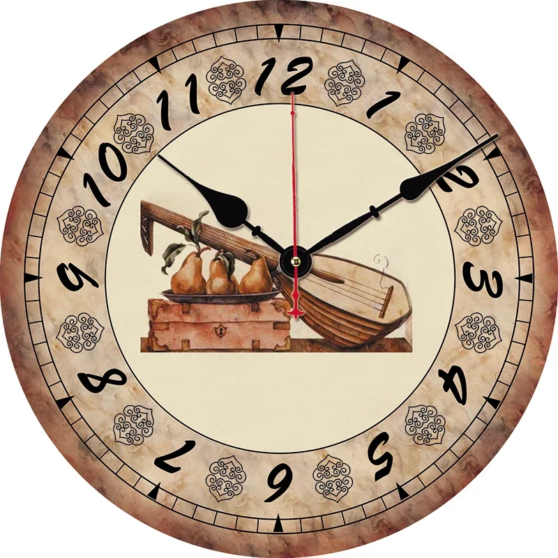 Retro Musical Instrument Round Wall Clock Large Dinning Restaurant Cafe Decor Wall Clock Silent Non-Ticking Nice For Gift