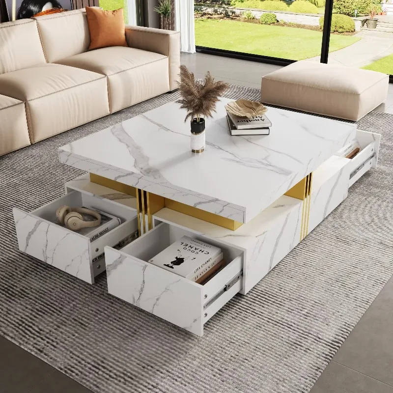 #Modern Square Marble Storage Coffee Table With 4 Drawers Durable Movable Nesting Design
