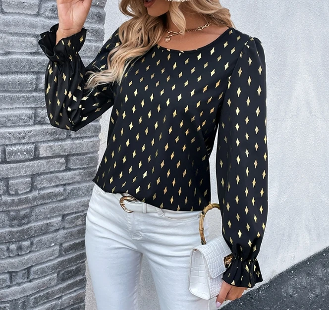 

Fashion Autumn Top Simple Casual Personalized Retro Top Long Sleeved Top with Hot Stamping and Pullover Shirt for Women