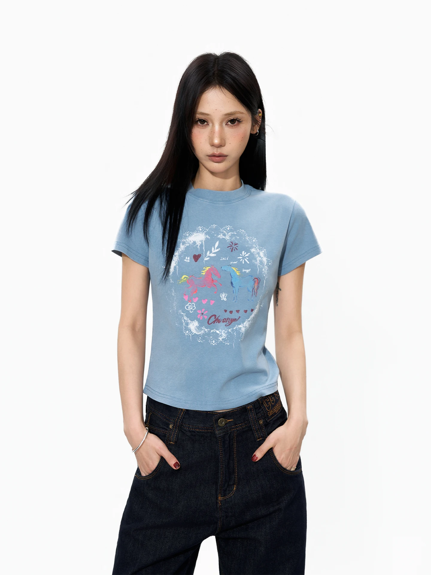 S3T5 Creative Chalk Painting  Print round Neck Short Sleeve T-Shirt Women's Summer Slim Fit Casual Top Trendy Design