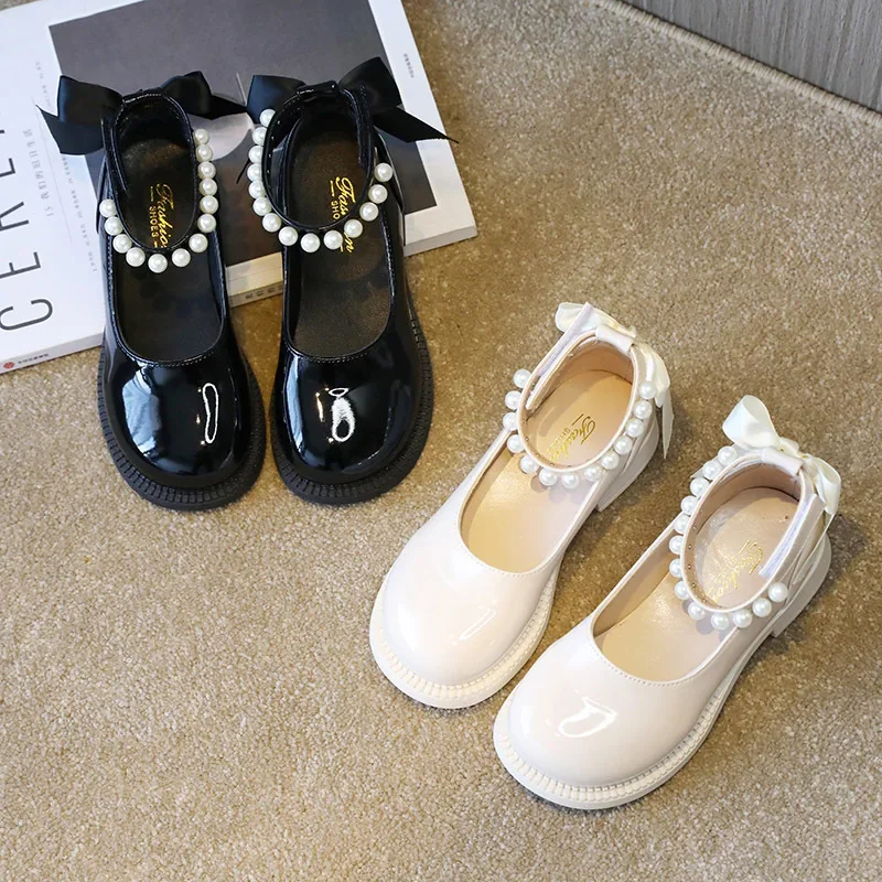 

36 Princess Flat Children's Shoes for Girl Black Mary Jane Loafers Sneakers Kids Party Shoes Student Pearl Leather Shoes 6 Year