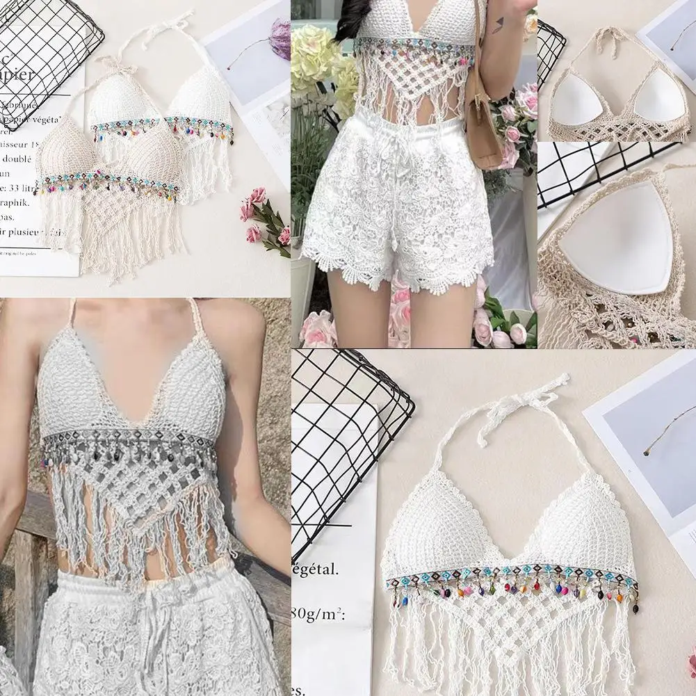 Summer Hollow Suspender Women's Knitted Crop Backless Pad Sexy Suspender Top Tassel Cute Bohemian Chest Fashionable Vest F4d6