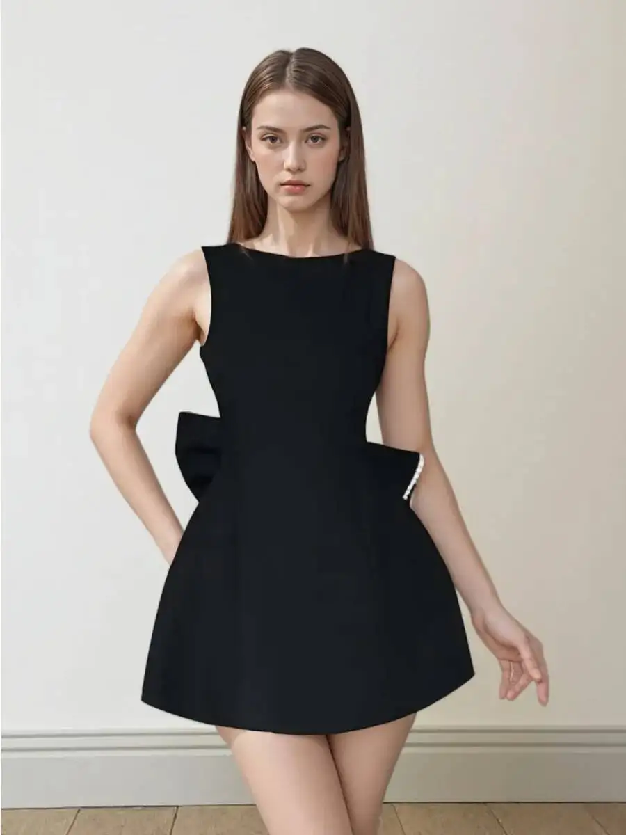 Elegante Perle Schleife rückenfrei sexy Minikleid Damen Luxus Party kurze Kleider weiß schwarz rosa Geburtstag Abend Hochzeit P4ZQ