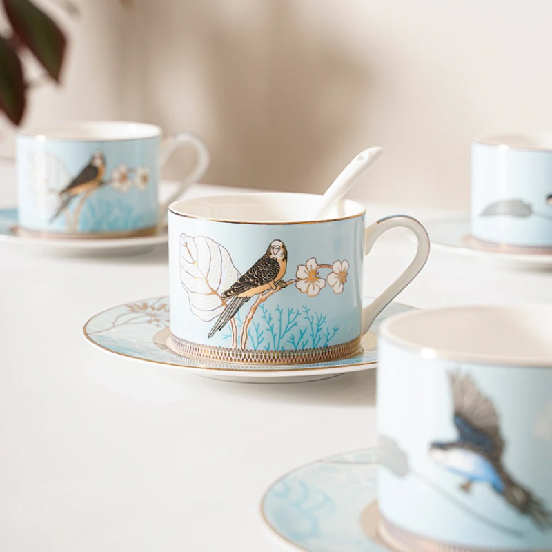 Nordic Style Bone China Coffee Cup and Plate Set European Style Parrot Dinner Plate Afternoon Tea Cup Exquisite Dessert Plate