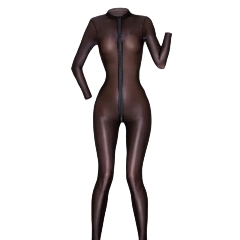 New Oil Shiny Silky Transparent Catsuit Bodysuit Women  Open Crotch Full Body Stockings Fetish Cosplay Costumes