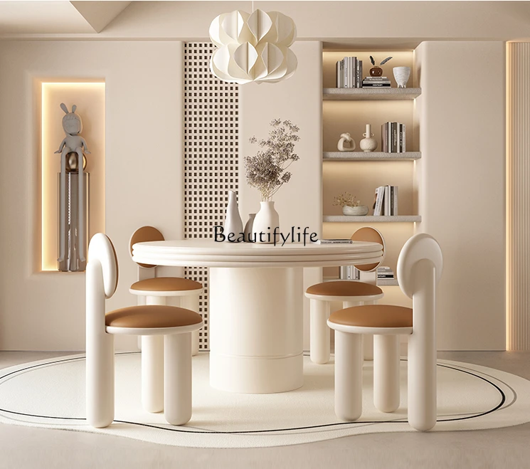 French Ancient Style Dining Table Simple Cream Style round Table Household Dining Tables and Chairs Set Solid Wood