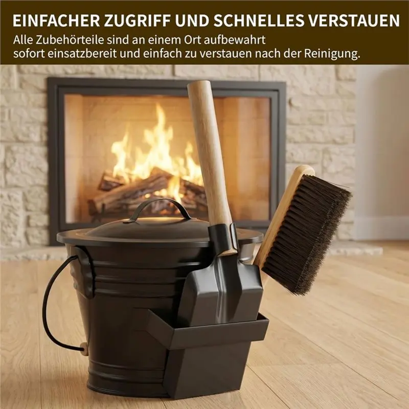 M11K-6L Metal Ash Bucket With Lid - Metal Ash Bucket Incl. Gloves, Shovel & Hand Brush For Fireplace & Grill