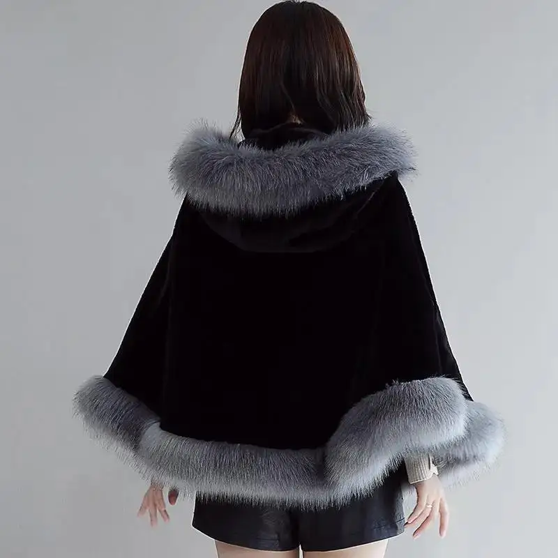 4 Colors Winter Women Faux Fox Fur Collar Poncho Cape Overcoat With Hat Big Pendulum Shawl Warm Out Streetwear Cloak For Wedding