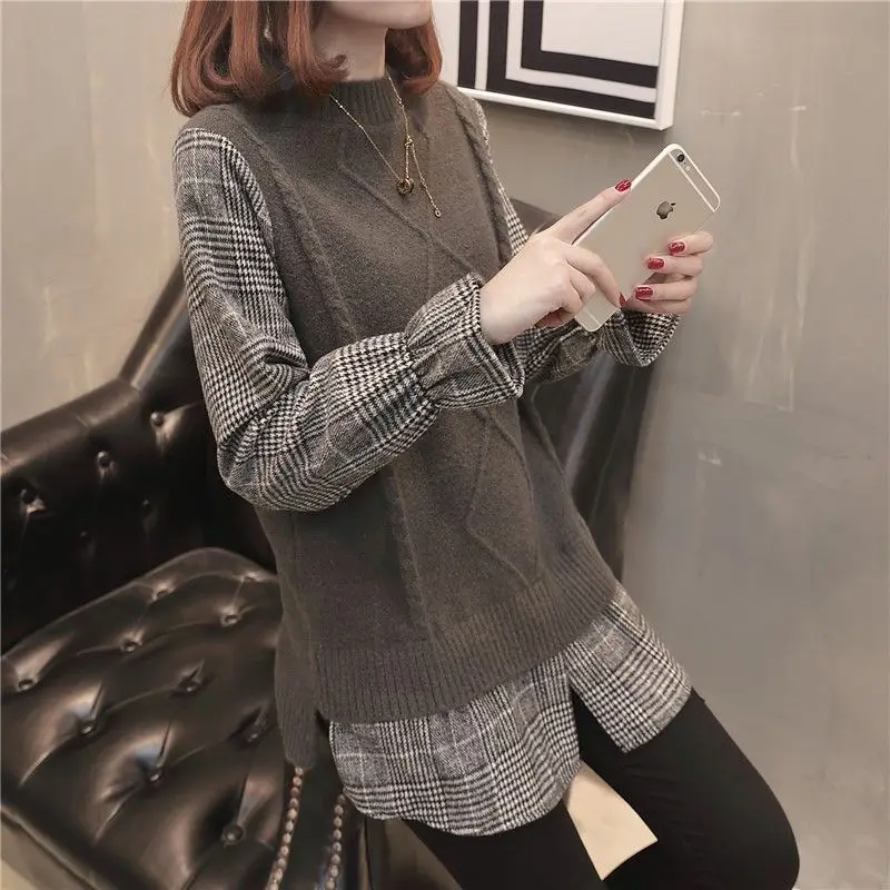 2024 Spring Autumn New Collection Splicing Fake Two Sweaters for Women\'s Korean Version Loose Pagoda Sleeve Knitted Sweater Top