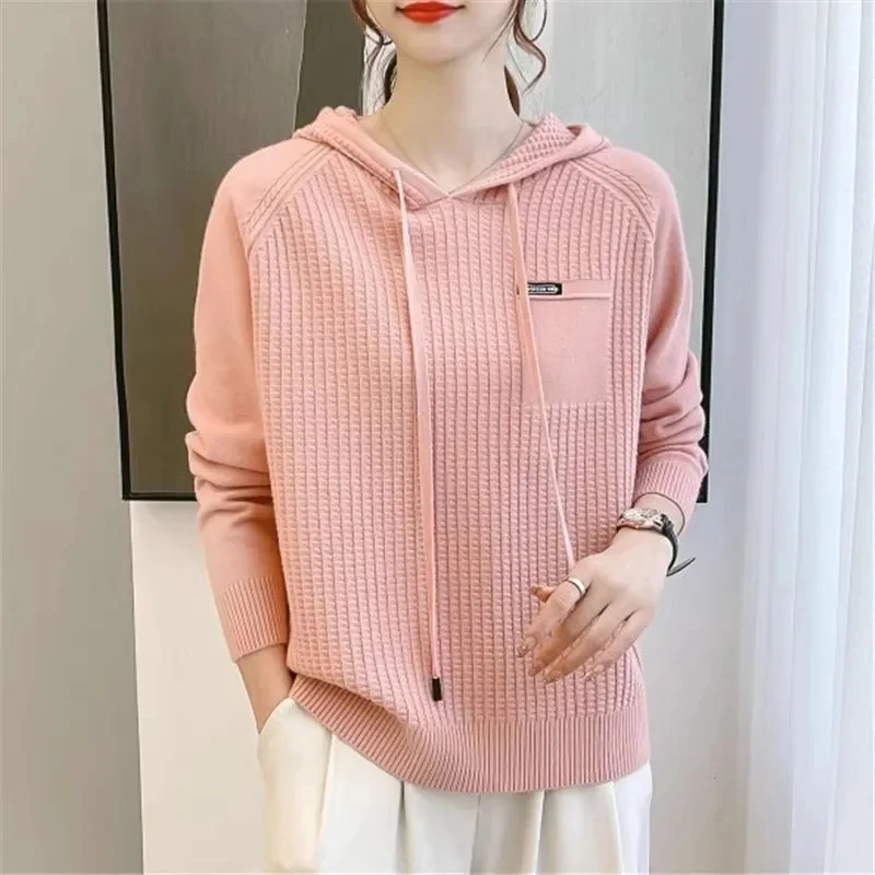 

Hooded Sweater Knitted Pullover 2024 New Women Long Sleeve Fashion Solid Female Jumper Casual Short Sweater Coat Elegant Tops