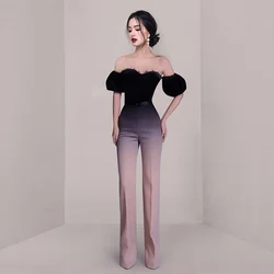 2024 Autumn 2 Piece Set Women Off Shoulder Puff Sleeve Sexy Backless Velvet Short Tops + High Waist Gradual Color Trousers Suit