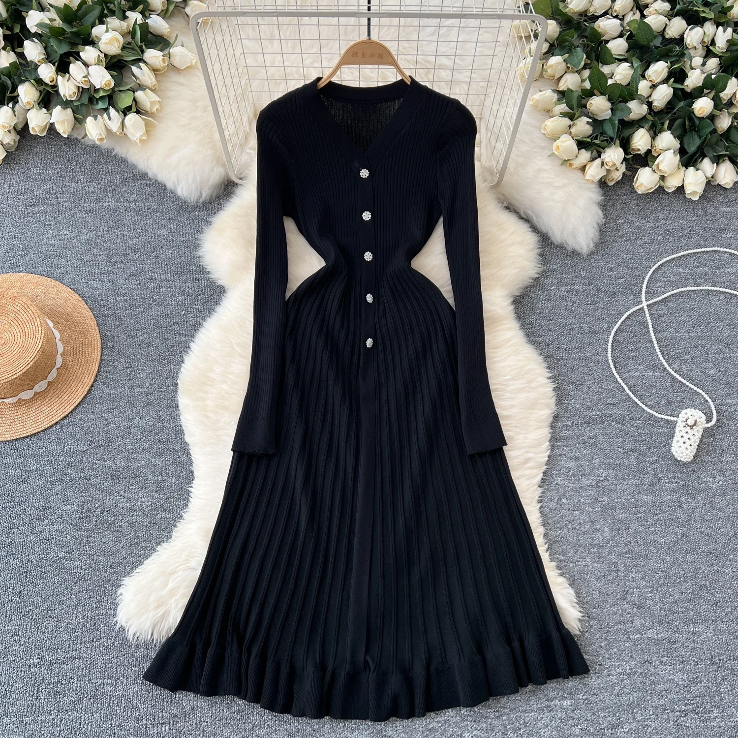 French Sweet  Elega V Neck Single Breasted Solid Knit Long SleeveDress Women Basics Fashion Autumn Winter Dress