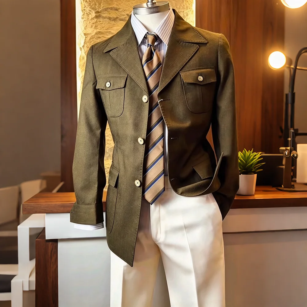 Modern Men Olive Green Safari Jacket Suit Notch Lapel Multi Pocket Blazer White Pants Business Casual Wedding Male Outfit