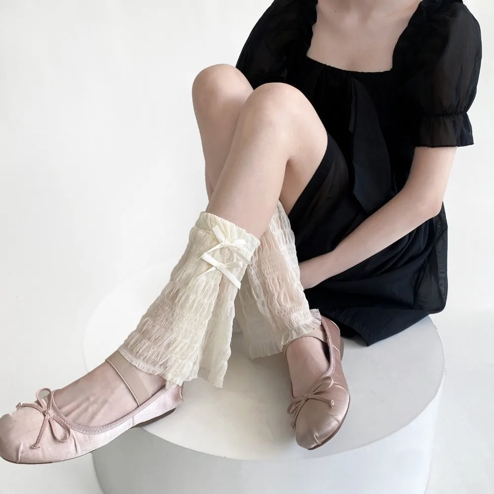 1 Paie Summer Stacked Ruffle Flared Leg Warmers for School Girl Japanese JK Bow Y2K Alternative Lace Calf Sleeves Sun Protection